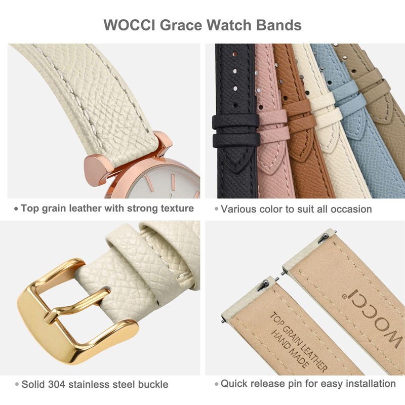 WOCCI 18mm Grace Watch Band for Ladies, Top Grain Leather,