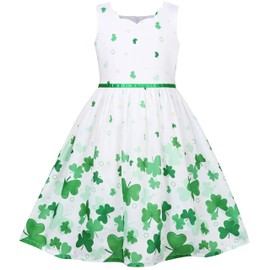 Sunny Fashion Girls' Sleeveless Polka Dot Rose Garden Green Print Dress, Green Four Leaf