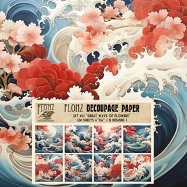 Decoupage Paper Pack (24 Sheets 6"x6") Great Wave of Flowers # Japan Watercolor Vintage Styled Pattern Paper for Decoupage, Craft and Scrapbooking