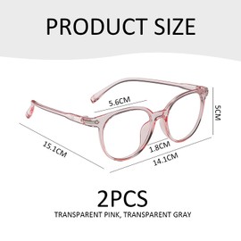 SLEEKEE Pack of 2 Round Glasses, Children's Glasses, Anti-Blue Light Glasses, Simple Design Glasses, Fashionable Glasses, Translucent Pink, Unit size