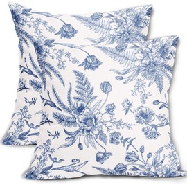 Blue and White Flowers Pillow Covers 2 Packs 16x16 Inch Blue Floral Throw Pillowcase Linen Decorative Summer Flower Summer Blue Outdoor Cushion Cover for Patio Sofa Bedroom Indoor Outdoor Party