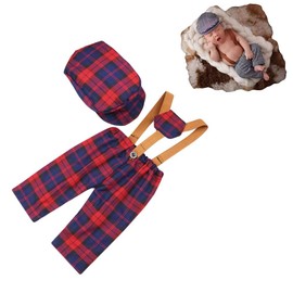 Newborn Monthly Baby Photo Props Stripe Cool Boys Cap Rompers Photography (Black Red)