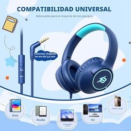 Auriculares para niños con cable para la escuela, límite de volumen de 85/94 dB, auriculares con cable sobre la oreja para niños y niñas con micrófono