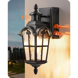 EDISHINE Motion Sensor Outdoor Lights, Porch Light with GFCI Outlet, Exterior Lighting Fixtures Dusk to Dawn Outside Wall Sconce with Water Ripple Glass, Wall Mount Lantern Lamp for House Garage