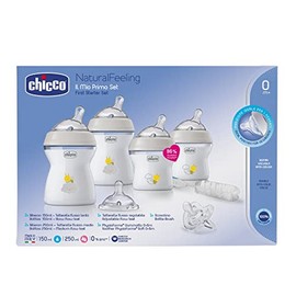 Chicco NaturalFeeling Recién Nacido- Set 4 Biberones Anticólicos 0 Meses, 150ml y 250 ml, Tetina Inclinada, Con Chupete Soft, Silicona Suave, Ideal Lactancia Mixta, Regalo Recién Nacido, Blanco Unisex