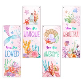 4pcs Mermaid Wall Decor, Mermaid Bedroom Decor, Under The Sea Wall Art For Girls Room, You Are Loved You Are Unique Wood Hanging Sign For Girls Room Bedroom Nursery Playroom Bathroom Decor, 08