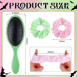 Meanplan 4pcs Pink and Green Hair Brush and Scrunchies Set Witch Party Favors Detangling Brush for All Hair Types, Elastic Scrunchies Ropes Accessories for Women Girls Party Gift