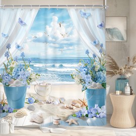 Riyidecor Beach Ocean Flower Shower Curtain Hawaiian Sea Modern Cool Coastal Landscape Scenery Blue Sky 72Wx72H Inch Starfish Seashell Fabric Decor Bathroom Polyester Waterproof 12 Pack Hooks