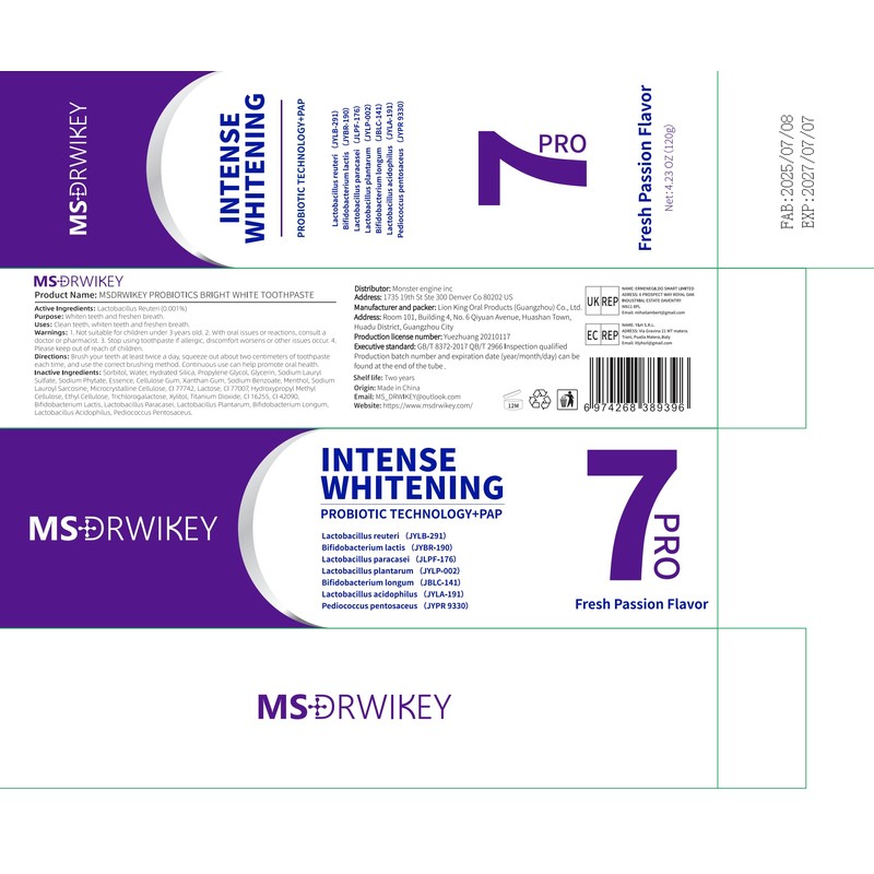 MSDRWIKEY Cooling Breath Freshening Toothpaste & Popping 7-Pro Intense Whitening