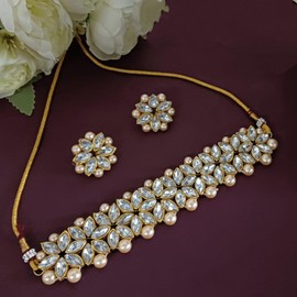 Efulgenz Faux Pearl Choker Indian Jewelry Sets for Women Crystal Kundan Pearl Necklace Set Beaded Faux Pearl Necklace Earrings Bollywood Fashion Jewelry Wedding Bridal Jewelry Set