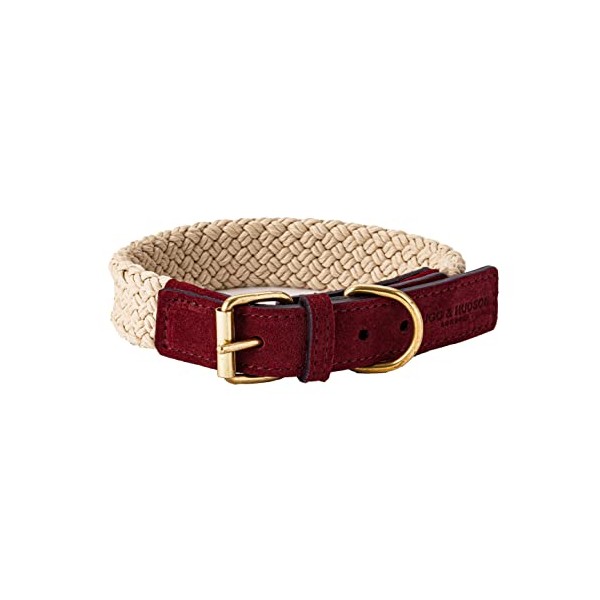 HUGO & HUDSON Leather Pet Dog Collar - Strong Metal Buckle and Adjustable Comfortable Padded Collars for Small, Medium and Large Dogs - Flat Rope and Burgundy - 55