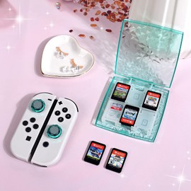 DLseego Clear Crystal Game Card Case for Regular Switch / Lite / OLED, 11 Slots Game Cards Holder 2 SD Card Slots, Sparkle Portable Game Card Storage Cartridge Box with 2PCS Diamond Thumb Grips Green