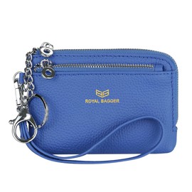 Royal Bagger RFID Wallet with Key Ring, Genuine Leather Multi Zipper Clutch Wallet, Portable Wristlet Card Holder, blue, Fashion