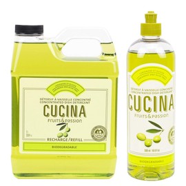 Cucina Fruits & Passion Coriander and Olive Tree Dish Detergent Duo Set, 16.9 fl oz Bottle and 33.8 fl oz Refill, Made in Canada
