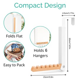 Door Coat Rack for Hanging, Clothes Hook, Foldable Door Coat Rack with 6 Hangers, Metal & Wooden Clothes Fan for Door, Bedroom, for Hanging Clothes, Hats, Bags (White)
