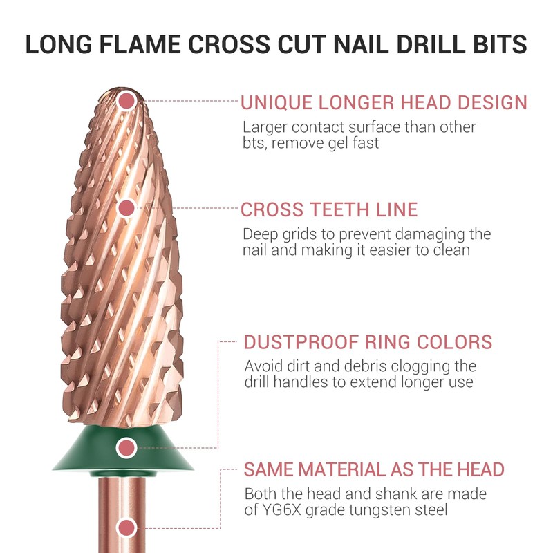 MelodySusie Long Flame Nail Drill Bits, 3/32'' Carbide Tungsten Bits,
