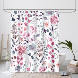 MAYZUS Long Shower Curtain 72 x 78 Inch, Tall Pink Blue Floral Shower Curtain for Bathroom, Watercolor Flower Butterfly Fabric Shower Curtain Set with Hooks