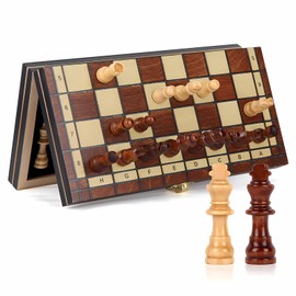 OOCOME Wooden Magnetic Chess Game, 24 x 24 cm, Portable Foldable Travel Chess Board, Beginner Chess Set with 2 Additional Queens, Gift for Children, Family and Friends