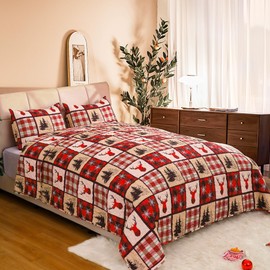 ROMROL Christmas Quilt Set Queen Size, Red Christmas Bedding Set Christmas Comforter Set Lightweight Patchwork Elks Christmas Trees Quilted Coverlet Bedspread with 2 Pillow Shams（90 * 96”）