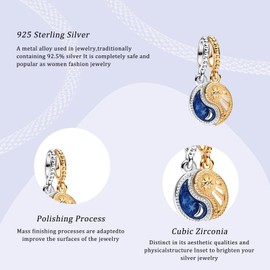 Simphman 925 Sterling Silver Charm Pendant for European Bracelets and Necklaces, Golden Dangle Charm Bracelet, Birthday Jewellery Gift for Women, Sterling Silver, zinnober