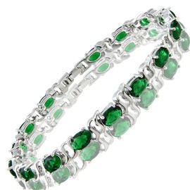 RIZILIA Tennis Bracelet [18cm/7inch] with Oval Cut Gemstones CZ [Green Emerald] in 18K White Gold Plated, Simple Modern Elegance