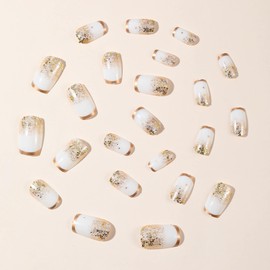 BABALAL Press on Nails Short Square Fake Nails Gold French Tip Glue on White Nails Glitter Bling Acrylic Nails 24Pcs Squoval Manicure Full Cover Artificial Nails for Women Girls