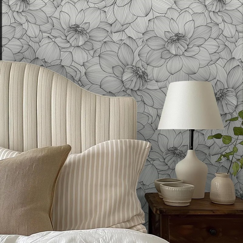 Meihodan Vintage Black White Line Art Lotus Floral Peel and