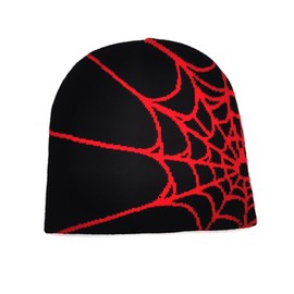 YUERFEILA Women Graphic Beanie Skull Hat MEA Culpa Y2K Knitted Beanie Warm Winter Hat for Gifts (Acrylic, Spider-Black & red)