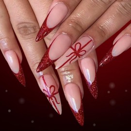 Christmas Press on Nails Long Almond Fake Nails with Cute Bow Design Red Glitter French Tip Nails Press ons Glossy Skin Tones Hat Glue on Nails Winter Xmas Holiday Acrylic Nails for Women 24Pcs
