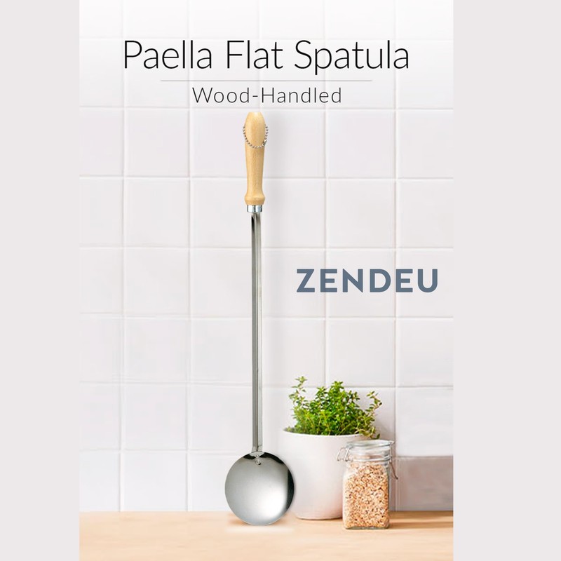 Zendeu Wood-Handle Paella Skimmer Spoon (26 inch Long)
