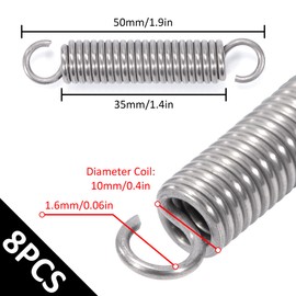 GUNGY Tension Springs with Hooks Stainless Steel Tension Spring 50 mm Outer Diameter 10 mm Wire Diameter 1.6 mm Maximum Tensile Force 7.9 kg 1.6 x 10 x 50 mm 8 Pieces