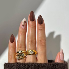 Brown Press on Nails Medium Almond MABKJLF Fake Nails False Nails with Maple Leaves Glitter Gold Foil Designs Full Cover Glossy Glue on Nail Autumn Acrylic Nail for Women Girls 24Pcs