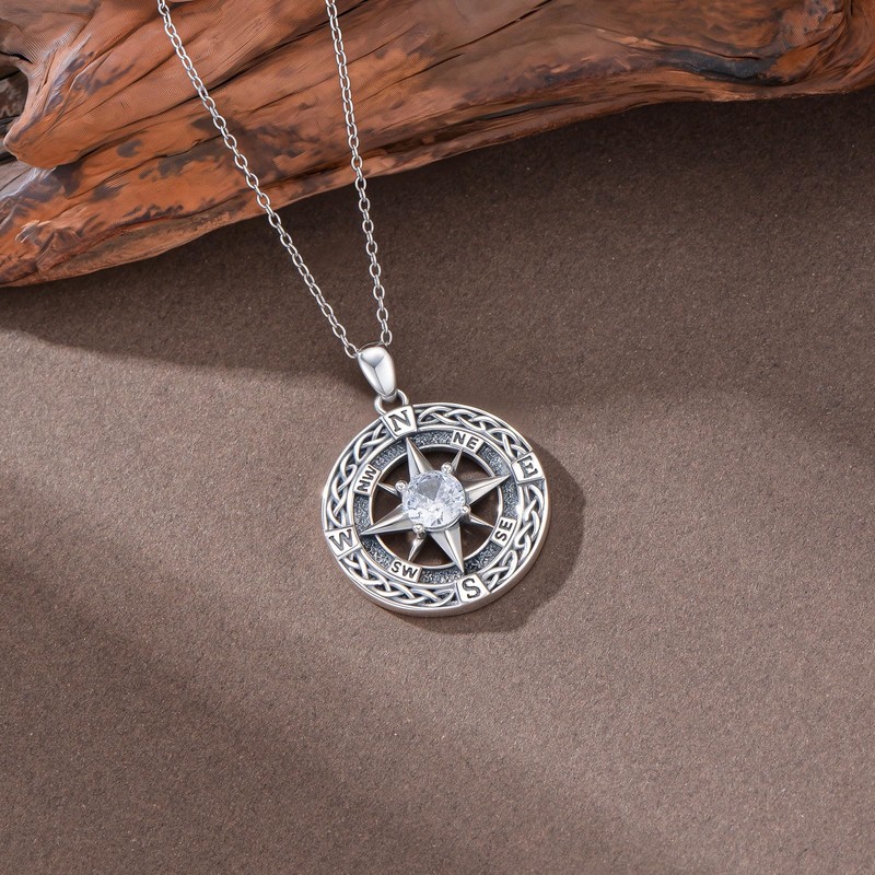 OUTANG Apr Birthstone Compass Necklace for Women 925 Sterling Silver