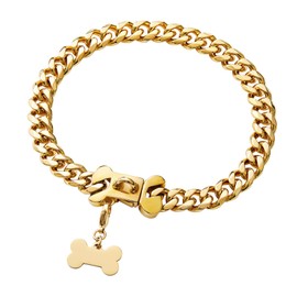 Yowity 15mm Wide Strong Stainless Steel Bone Style Buckle Gold Dog Chain Collar,18K Gold Plated Cuban Link Chain Dog Necklace Collar for Small Medium Dogs - 14''