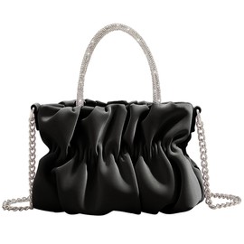 MOMOJULI Women Evening Purse Handbags Rhinestone Handle Soft Leather Ruched Bag Bridal Clutch Wedding Party Crossbody Bag, Black