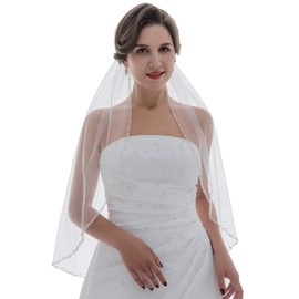 SAMKY Alternating Wavy Crystal Pearl Beaded Bridal Wedding Veil, White, Elbow Length 30"