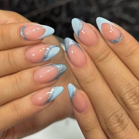 Blue French Tip Press on Nails Short Almond Fake Nails with Glitter Designs Simple Cute False Nails Glossy Acrylic Nails Press ons Nude Full Cover Glue on Nails for Women Girls 24 Pcs