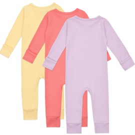 Aablexema Baby Cotton Fooltess Pajamas with Mitten, 3-pack Infant Romper Zip Up One Piece Jumpsuits Outfit(Purple&Yellow&Rose Pink,6-12m)