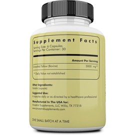 Ancestral Supplements Ancestral Supplements Grass Fed Beef Tallow Capsules, 3000mg, Nourishing Kidney Fat Supplement Supports Bones, Teeth, Gums, Skin, Immune and Overall Health, Non-GMO, 180 Capsules