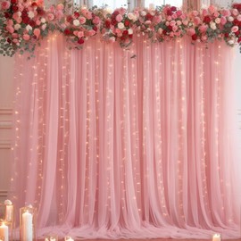 10ft x 10ft Dusty Rose Backdrop Curtain with Lights String for Parties, Sheer Tulle Wedding Photo Backdrops Drapes for Baby Shower Birthday Party Decorations Background for Photography