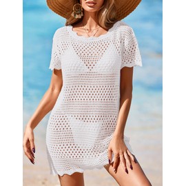 BreathSunny Womens Crochet Open Knit Short Cap Sleeve Swimsuit Coverup Summer 2025 Boat Neck Mesh Swimwear Coverups Beach Swim Bikini Bathing Suit Cover Up Dress for Women Cover Ups White M