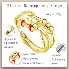 Estrellique Gold Decompression Ring with 6 Spinning Beads, 925 Sterling Silver Anxiety Ring, Hypoallergenic Adjustable Anxiety Fidget Rings, 925 Silver Anti-Stress Rings for Anxiety Women Children Men