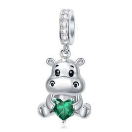ROMANTICWORK Hippo Charm with Birthstone, 925 Sterling Silver, 12 Months Hippo Charm for Hippo Bracelets, Hippo Highland Cattle Bead Jewelry for Women, Hippo Lovers, Sterling Silver, No Gemstone