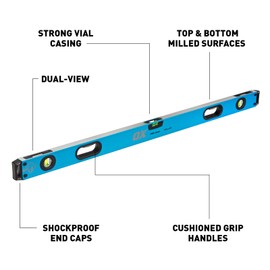 OX Tools OX-P024409 Professional Box 4ft Spirit Level, with Rubber Grip, All Aluminum Construction, Non Magnetic 4 Foot Level, Rubberized Soft grip Thru Handle, Magnified Vials. 48 Inch Leveler Tool