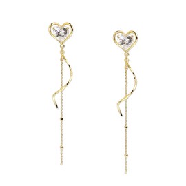 Sonateomber Crystal Heart Gold Spiral Dangle Drop Tassel Earrings for Women Valentines Day Sparkly Cubic Zirconia Love Hearts Dainty Chain Dangling Hypoallergenic Prom Jewelry Gift