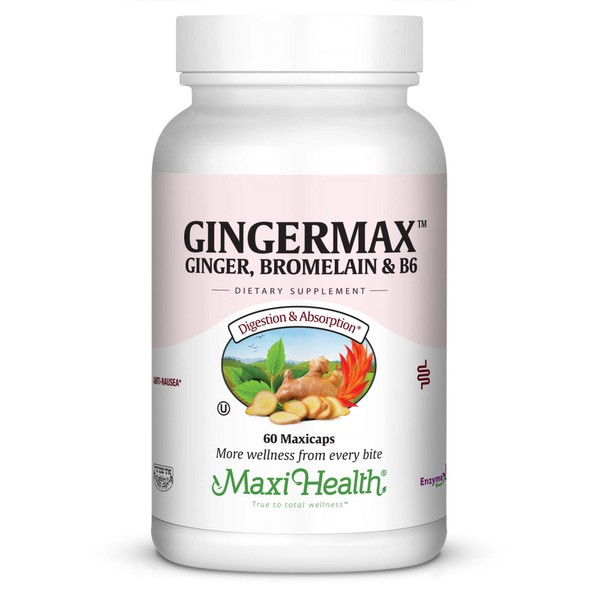 Maxi Health Gingermax - Ginger - Bromelain & Vitamin B6 - Digestion Health - 60 Capsules - Kosher