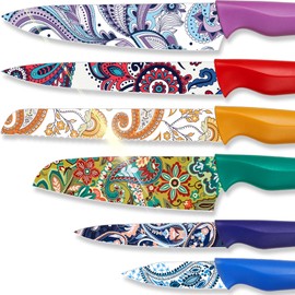 Astercook 6-Pieces Paisley Pattern Knife Set with Cover, Colorful Kitchen Knives Sets German Stainless Steel, Ideal Gift for Kitchen, Dishwasher Safe