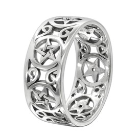 Moonlight Mysteries Pentagram Band Ring - 925 Sterling Silver Wide Men's and Women's Wiccan Pentacle Ring (Sizes 4-15), Silver