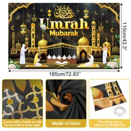 DPKOW Umrah Mubarak Banner Decoration, Black Gold Umrah Mubarak Backdrop Banner for Islamic Muslim, عمرة مبارك Banner Decoration, 185 * 110cm