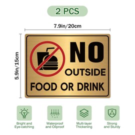 2PCS No Outside Food or Drink Sticker, Self-Adhesive Brushed Gold No Food or Drinks Allowed Sign for Business, Office, Restaurants Indoor or Outdoor Use